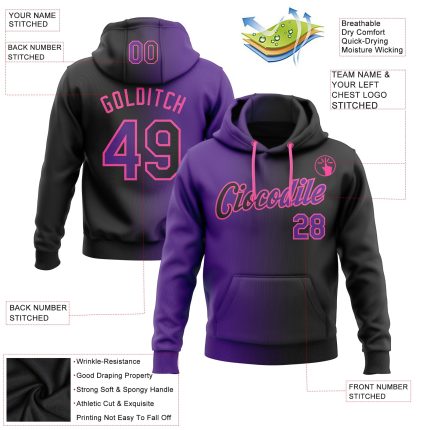 Custom Name & Number Black Purple-Pink Gradient Sports Hoodie - Personalized Stitched Pullover Sweatshirt Personalized Stitched