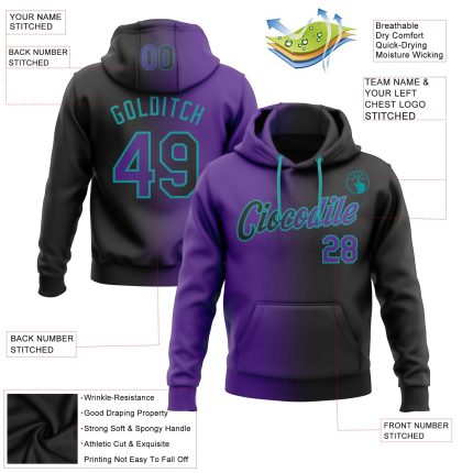 Custom Name and Number Fashion Sports Pullover Hoodie - Personalized Stitched Black Purple Teal Gradient Sweatshirt Personalized