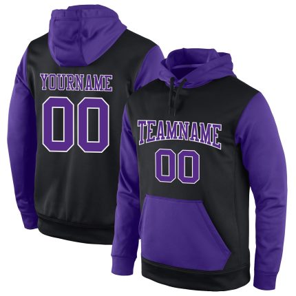 Custom Stitched Black Purple White Hoodie Pullover Sweatshirt for Sports Personalized Stitched Black Purple-White Sports