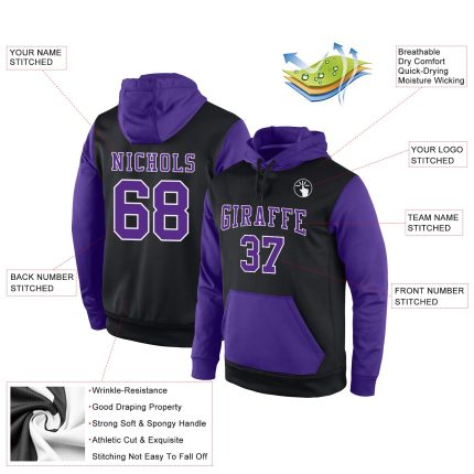 Custom Stitched Black Purple White Hoodie Pullover Sweatshirt for Sports Personalized Stitched Black Purple-White Sports