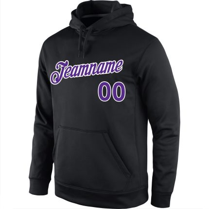Custom Sports Hoodie with Name and Number - Personalized Black Purple-White Pullover Sweatshirt Personalized Stitched Black