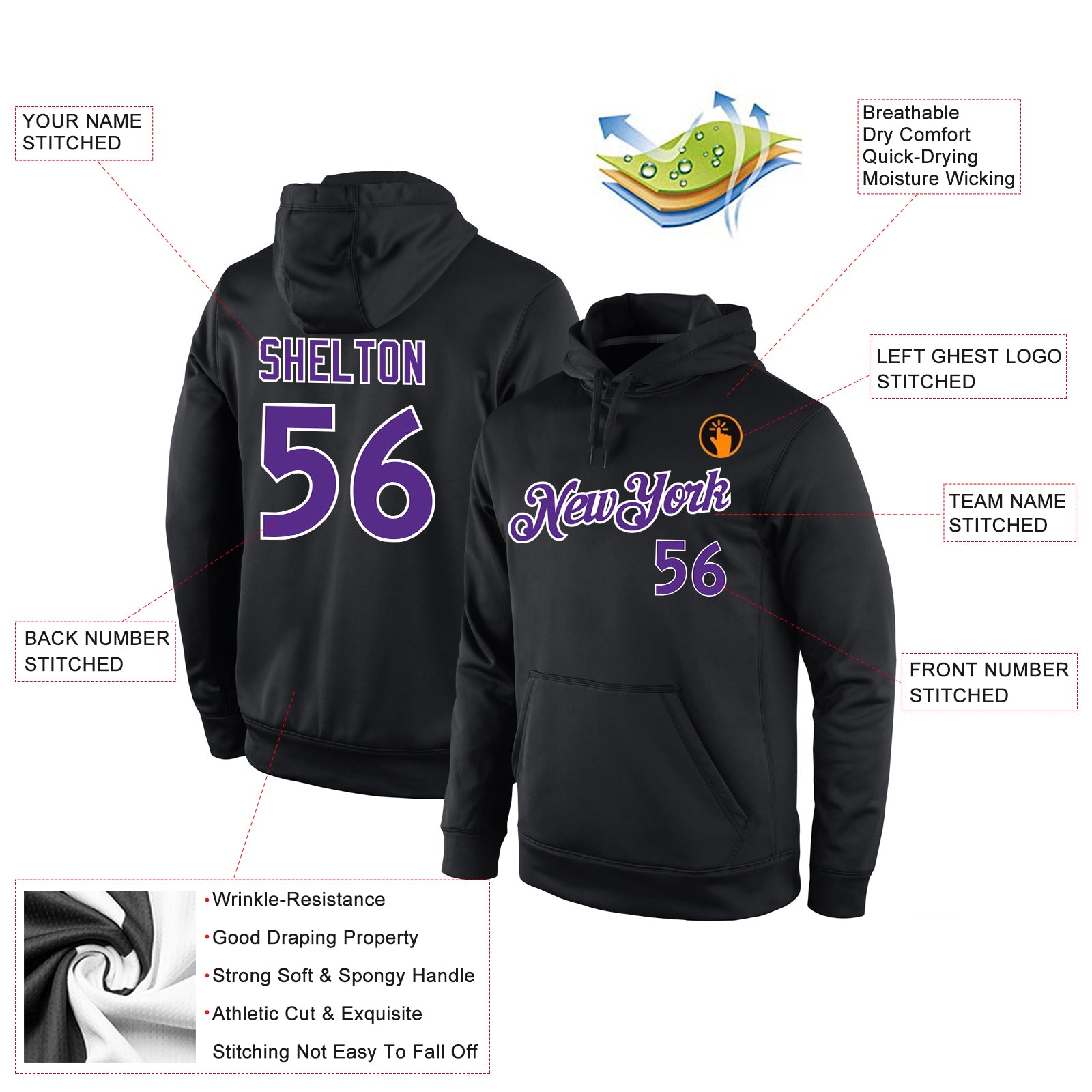 Personalized Stitched Black Purple-White Sports Pullover Sweatshirt Hoodie Team Custom Name and Number Custom Sports Hoodie with Name and Number - Personalized Black Purple-White Pullover Sweatshirt Personalized Stitched Black - Image 4