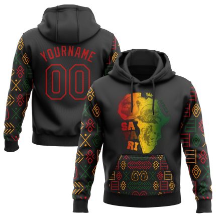 Custom Black Red 3D Pattern Hoodie for Black History Month, Africa Safari Sports Sweatshirt with Personalized Name and Number