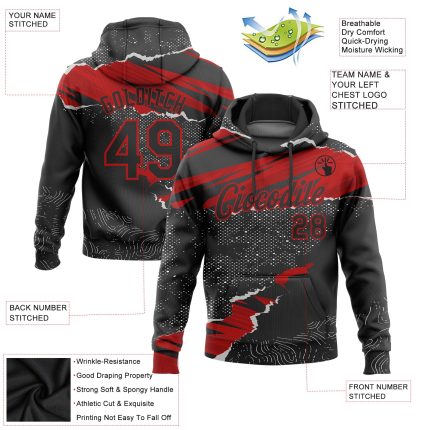 Custom Name and Number Sports Hoodie - Personalized 3D Torn Paper Design Pullover Sweatshirt in Black and Red Personalized