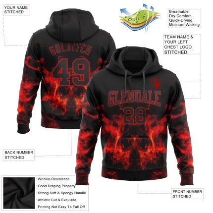 Custom Name Number 3D Skull Flame Sports Black Red Hoodie Pullover Sweatshirt - Personalized Stitched Fashion Gear Personalized