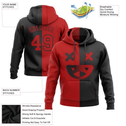 Custom Name Number Sports Hoodie 3D Skull Design Pullover Sweatshirt in Black Red - Personalized Fashion Apparel Personalized