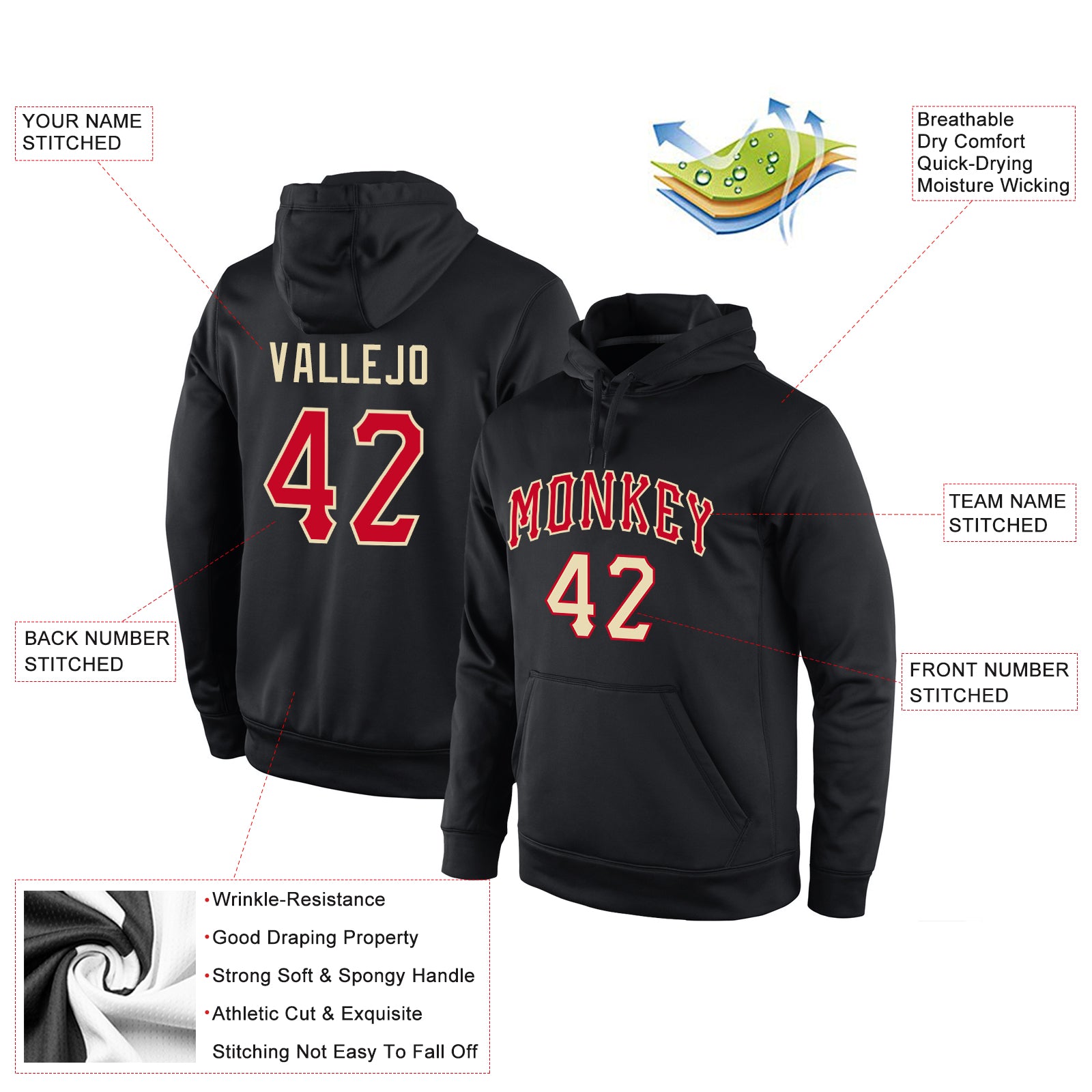 Personalized Stitched Black Red-Cream Sports Pullover Sweatshirt Hoodie Team Custom Name and Number Custom Name Number Sports Hoodie Pullover Sweatshirt - Personalized Black Red-Cream Team Apparel Personalized Stitched Black - Image 4