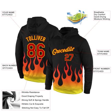 Personalized Black Red-Gold Flame 3D Pattern Sports Hoodie Pullover Sweatshirt Personalized Stitched Black Red-Gold 3D Pattern