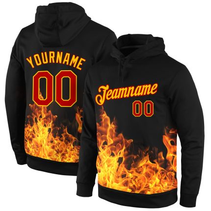 Custom Flame Sports Hoodie with 3D Pattern, Personalized Name & Number, Black Red-Gold Pullover Sweatshirt Personalized Stitched