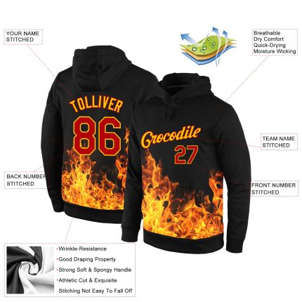 Custom Flame Sports Hoodie with 3D Pattern, Personalized Name & Number, Black Red-Gold Pullover Sweatshirt Personalized Stitched