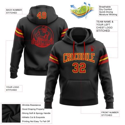 Personalized Custom Name Number Black Red Gold Football Hoodie Pullover Sweatshirt Personalized Stitched Black Red-Gold Football