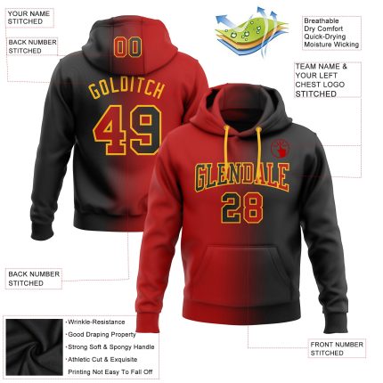 Custom Name and Number Sports Hoodie Sweatshirt in Black Red-Gold Gradient - Personalized Stitched Fashion Pullover Personalized