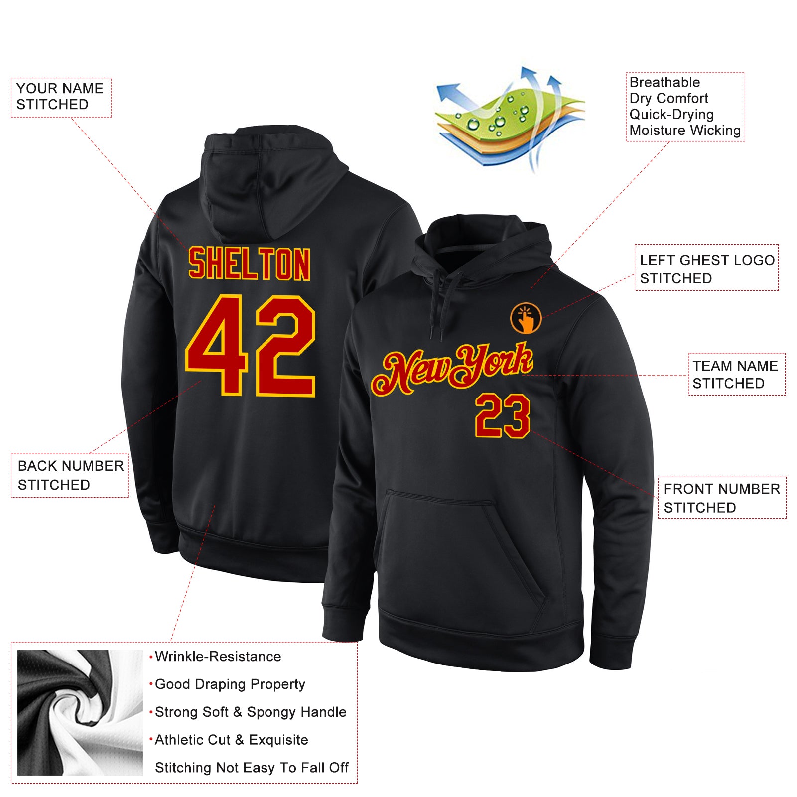 Personalized Stitched Black Red-Gold Sports Pullover Sweatshirt Hoodie Team Custom Name and Number Custom Team Hoodie with Personalized Name and Number, Stitched Black Red-Gold Sports Pullover Sweatshirt Personalized Stitched - Image 4