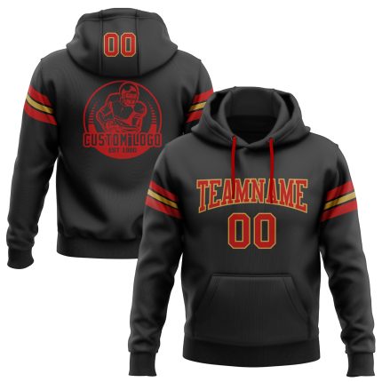 Custom Name Number Black Red Gold Football Hoodie Sweatshirt Personalized Pullover Personalized Stitched Black Red-Old Gold