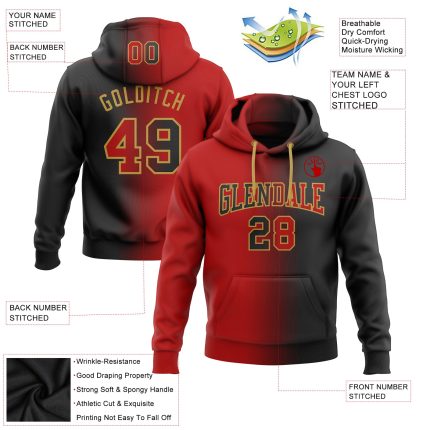Custom Team Name Number Hoodie Sweatshirt - Personalized Black Red Gold Gradient Fashion Sports Pullover Personalized Stitched