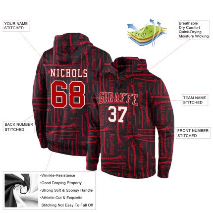 Custom Name Number 3D Pattern Halloween Hoodie Black Red White Stitched Pullover Sports Sweatshirt Personalized Stitched
