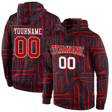 Custom Name Number 3D Pattern Halloween Hoodie Black Red White Stitched Pullover Sports Sweatshirt Personalized Stitched