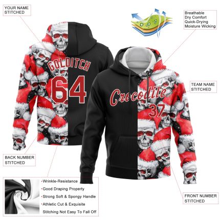 Custom 3D Skulls Santa Hat Sports Hoodie Personalized Team Name & Number - Black Red White Sweatshirt Personalized Stitched