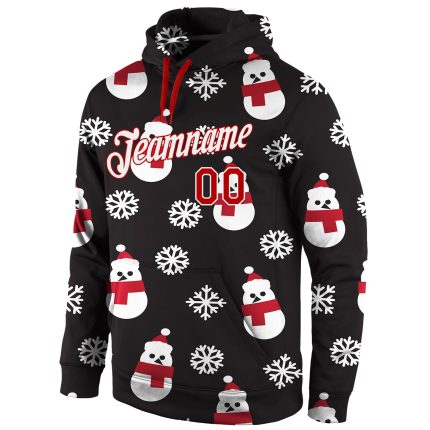 Custom 3D Sports Hoodie with Personalized Name & Number, Black Red-White Christmas Sweatshirt, Great for Teams Personalized