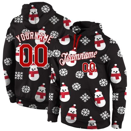 Custom 3D Sports Hoodie with Personalized Name & Number, Black Red-White Christmas Sweatshirt, Great for Teams Personalized