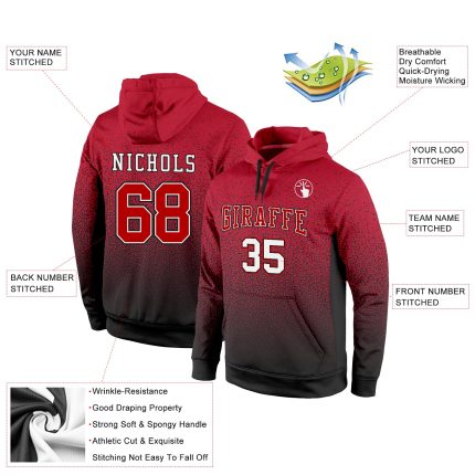Custom Team Name Number Pullover Hoodie Stitched Black Red-White Fade Fashion Sports Sweatshirt Personalized Stitched Black