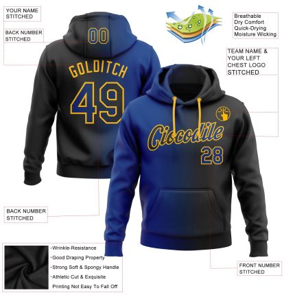 Custom Name Number Pullover Hoodie - Personalized Black Royal-Gold Gradient Sports Sweatshirt Personalized Stitched Black