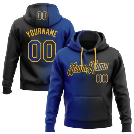 Custom Name Number Pullover Hoodie - Personalized Black Royal-Gold Gradient Sports Sweatshirt Personalized Stitched Black
