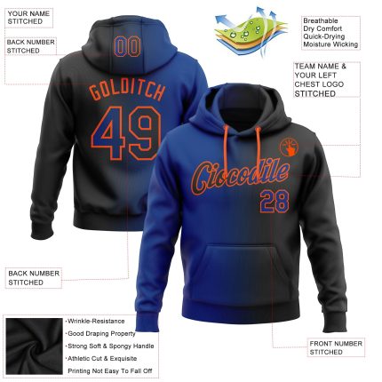 Custom Team Name Number Black Royal-Orange Gradient Hoodie Pullover Sweatshirt Fashion Sports Personalized Stitched Black