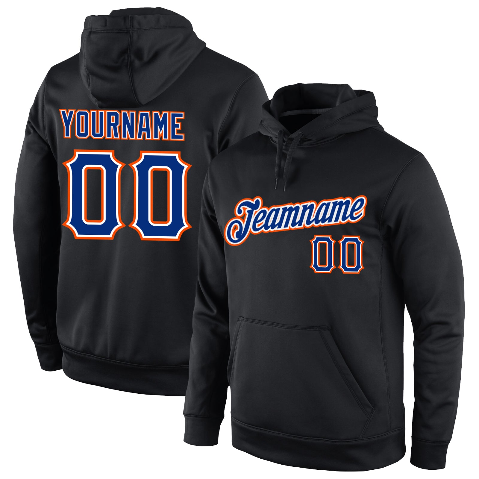 Custom Name Number Black Orange Sports Hoodie Pullover Sweatshirt Personalized Team Gear Personalized Stitched Black Royal-Orange