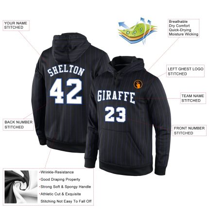 Custom Name Number Sports Hoodie Black Royal Pinstripe Stitched White Gray Pullover Sweatshirt Personalized Stitched Black