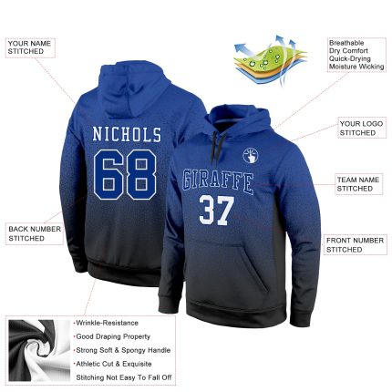 Custom Name and Number Sports Hoodie Pullover Sweatshirt - Personalized Black Royal-White Fade Fashion Personalized Stitched