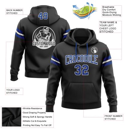 Custom Black and White Football Hoodie with Personalized Name & Number - Stitched Pullover Sweatshirt Personalized Stitched