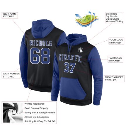 Custom Name Number Sports Hoodie Black White Pullover Sweatshirt Personalized Team Apparel Personalized Stitched Black Royal-White