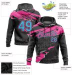 Custom Name and Number Sports Hoodie for Team - Personalized Stitched 3D Pattern Torn Paper Design in Black Sky Blue-Pink Sweatshirt