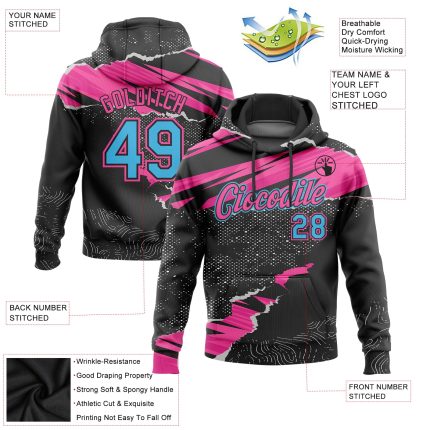 Custom Name and Number Sports Hoodie for Team - Personalized Stitched 3D Pattern Torn Paper Design in Black Sky Blue-Pink Sweatshirt