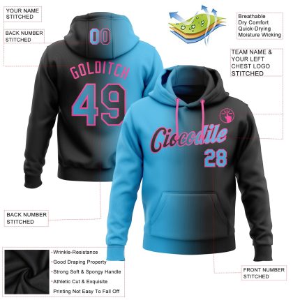Custom Name and Number Personalized Fashion Sports Hoodie Sweatshirt - Stitched Black Sky Blue-Pink Gradient Design Personalized