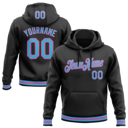 Custom Name & Number Sports Hoodie Pullover Sweatshirt - Personalized Stitched Black Sky Blue-Pink Personalized Stitched