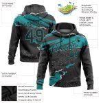 Custom Team Name Number Hoodie with Stitched Black Teal 3D Torn Paper Pattern Pullover Sweatshirt Personalized Stitched Black