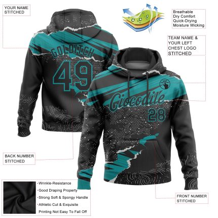 Custom Team Name Number Hoodie with Stitched Black Teal 3D Torn Paper Pattern Pullover Sweatshirt Personalized Stitched Black