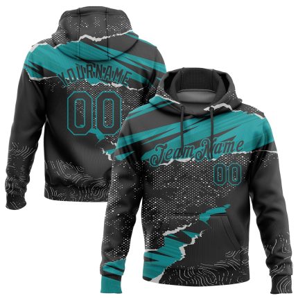 Custom Team Name Number Hoodie with Stitched Black Teal 3D Torn Paper Pattern Pullover Sweatshirt Personalized Stitched Black