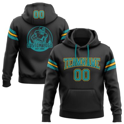 Custom Name Number Stitched Black Teal-Gold Football Hoodie Pullover Sweatshirt Personalized Team Apparel Personalized Stitched