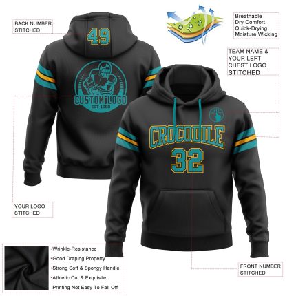 Custom Name Number Stitched Black Teal-Gold Football Hoodie Pullover Sweatshirt Personalized Team Apparel Personalized Stitched