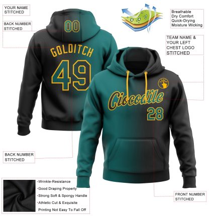 Custom Name Number Hoodie Personalized Pullover Sweatshirt Black Teal Gold Gradient Fashion Sports Team Apparel Personalized