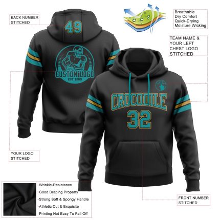 Custom Football Hoodie with Personalized Name and Number - Black Teal-Old Gold Stitched Pullover Sweatshirt Personalized
