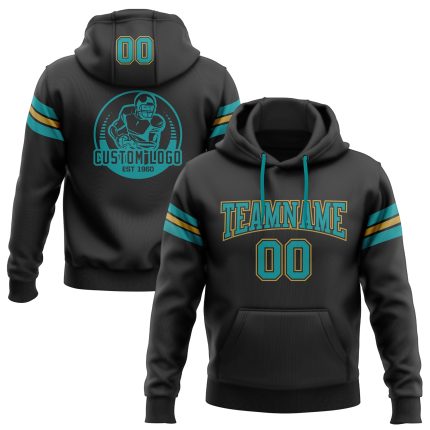 Custom Football Hoodie with Personalized Name and Number - Black Teal-Old Gold Stitched Pullover Sweatshirt Personalized