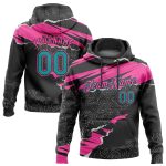 Custom Sports Hoodie with Torn Paper Style 3D Pattern - Personalized Stitched Black Teal-Pink Pullover Sweatshirt with Name & Number