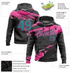 Custom Sports Hoodie with Torn Paper Style 3D Pattern - Personalized Stitched Black Teal-Pink Pullover Sweatshirt with Name & Number