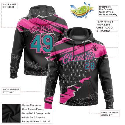 Custom Sports Hoodie with Torn Paper Style 3D Pattern - Personalized Stitched Black Teal-Pink Pullover Sweatshirt with Name & Number