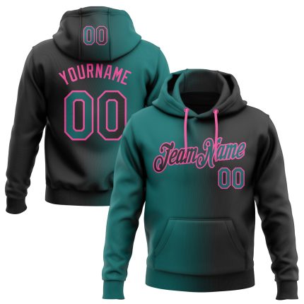 Custom Name Number Pullover Hoodie Sports Sweatshirt in Black Teal-Pink Gradient Fashion Design - Personalized Team Wear