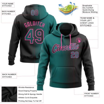 Custom Name Number Pullover Hoodie Sports Sweatshirt in Black Teal-Pink Gradient Fashion Design - Personalized Team Wear